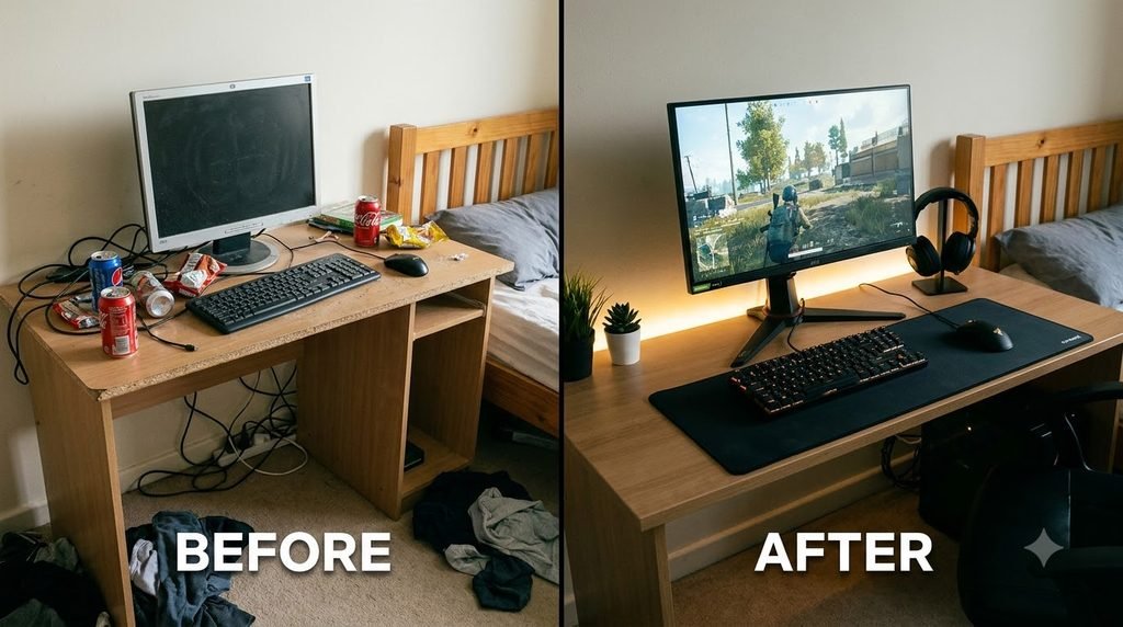 Before and after budget gaming setup transformation